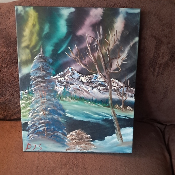 Hand Painted Canvas Oil Paint  Snowy Bold Northern Light - Picture 1 of 6